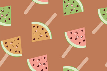 A playful pattern featuring adorable watermelon ice cream slices with smiling faces on a warm background.