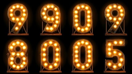 Illuminated marquee numbers, warm-toned, set against a black backdrop, emitting a bright glow