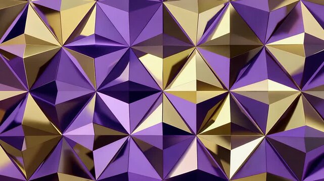 Tessellated geometric pattern of purple and gold triangles.