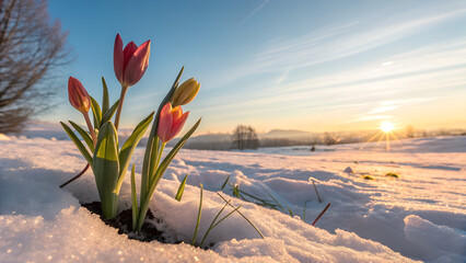 Red Tulips Blooming Through Snow at Golden Sunrise Landscape tulips, snow, blooming, winter, spring, sunrise, flowers, red, emergence, contrast, hope, renewal, nature, landscape, field, golden, hour,