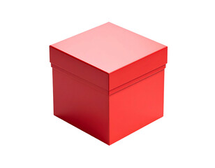 A simple, closed, matte red cube box shown from a top-down angle