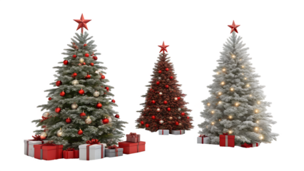Three decorated trees stand with presents below isolated on transparent background