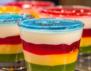 Close up view of layered colorful dessert trifles topped with blue gelatin and dark sprinkles