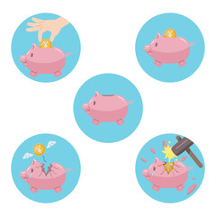 &yen;マークが描かれたコインと、豚の貯金箱のアイコンセット