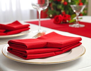 Stack of folded bright red cloth napkins resting on white plates with gold rims table set