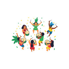 Naklejka premium Carnival Celebration Vector Illustration Diverse People Playing Drums Dancing with Confetti and Feathers