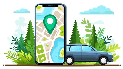 Illustration of a phone displaying a map, green marker, car, trees, and greenery