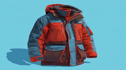 Illustration of a red and blue winter jacket with a hood, set against a turquoise background