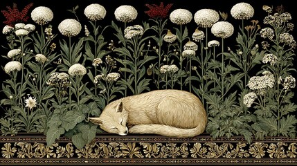 Illustration of a sleeping fox nestled amidst white flowers and lush greenery