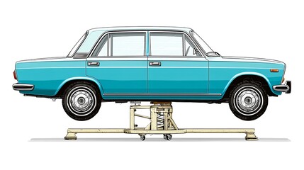 Illustration of a vintage blue car elevated on a mechanic's lift