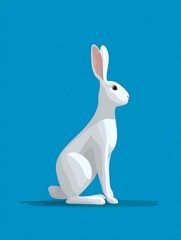 Illustration of a white rabbit with long ears, sitting on its haunches against a blue background