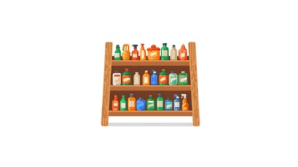 Illustration of a wooden shelf filled with diverse colorful cleaning product bottles