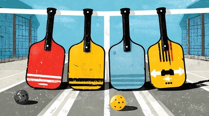 Illustration of four colorful paddles and two pickleballs on a court, ready for a game