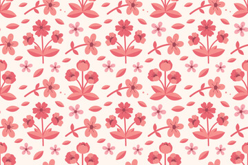 Seamless Monochromatic Floral Pattern Background with Pink and Red Flowers in Flat Design Style