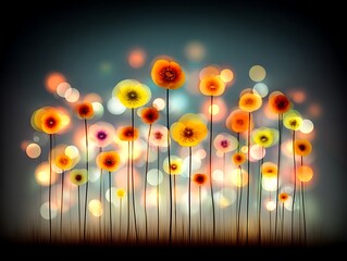Illustration of stylized orange and yellow flowers with bokeh background and dark foreground