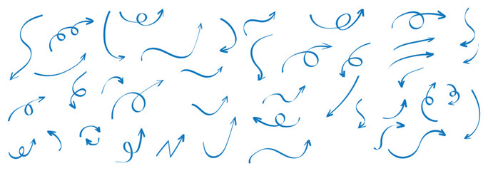 Hand drawn arrows icon set. Sketch curved arrows design. Arrow handmade. Doodle arrows shapes and directions. Pointer and cursor icons. EPS 10