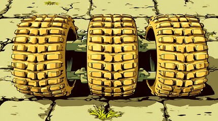 Illustration of three oversized, textured wheels, likely from a vehicle, with a detailed central axle