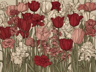 Illustration of various blooms, including tulips and other flowers, on a neutral background