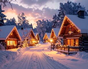 Winter Wonderland Village: The tranquil village, bathed in the soft glow of lights, evokes a sense of festive charm during a snowy winter evening.