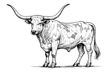 Texas Longhorn cattle full body illustration, farm animal isolated on transparent background, sketch line art vector © Lara