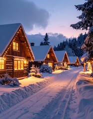 Cozy Cottages in a Winter Wonderland: As twilight descends, a serene village nestled amidst snow-covered trees, where warmly lit cottages line a snow-dusted road, exuding a sense of peace and warmth.