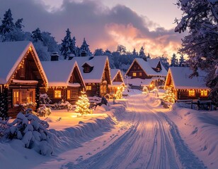 Winter Village Dreamscape: A snow-covered village is illuminated with warm, inviting lights, nestled among frosted trees under a twilight sky, creating a scene of tranquil winter charm.
