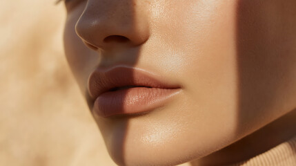 Obraz premium Close up of a woman's face with a warm tone. The face has a shadow cast across it. Light highlights the skin's texture, focusing on the mouth, nose, and cheek areas. Serene.
