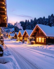 Cozy Winter Village: Illuminated wooden houses with warm, inviting lights line a snow-covered street, leading the eye towards a serene mountain backdrop. A perfect scene of winter comfort, peace.