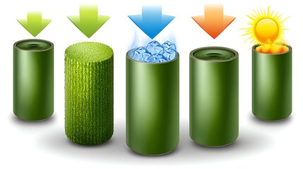 Illustration showing a series of cylinders being filled or transformed by various elements