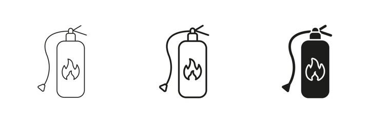 Obraz premium Fire Extinguisher With Flame Line And Solid Icon Set. Fire Safety, Emergency Response, And Firefighting Equipment Outline And Silhouette Symbol Collection. Isolated Vector Illustration