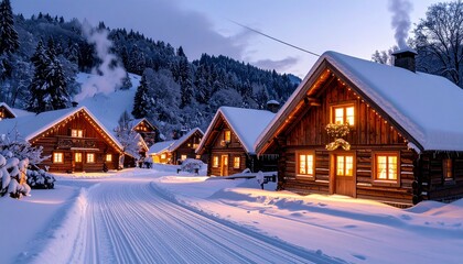 Cozy Village in Winter: A serene village nestled amidst a snowy landscape, illuminated by the warm glow emanating from wooden chalets, creates a picturesque winter scene. 