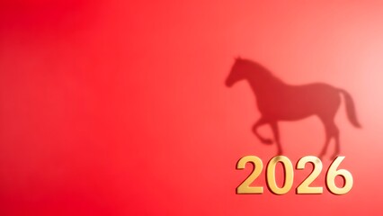 Fototapeta premium Horse Shadow with Golden 2026 Year on Vibrant Red Background