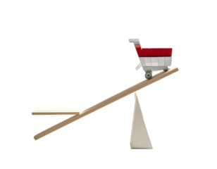 A tiny shopping cart balances precariously on an inclined plank