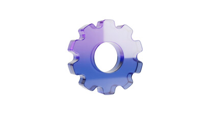 Gradient blue purple glassmorphism settings gear icon floating isolated on a clean white background for modern app UI design with soft light reflections.