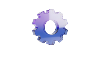 Gradient blue purple glassmorphism settings gear icon floating isolated on a clean white background for modern app UI design with soft light reflections.