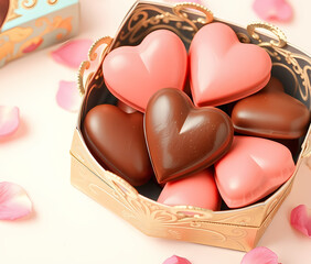 Detailed View Of Sweet Heart Shaped Chocolate Candies In A Box Representing Love And Romance