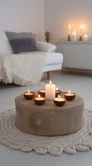 Interior scene with candles on a wooden table, creating a warm, cozy atmosphere