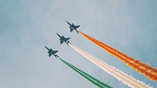 4k video of Indian aircrafts with Indian flag color trails for Indian Republic Day.