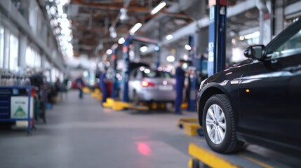 Blurred auto repair shop interior with cars on lifts for maintenance service