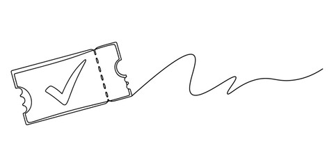 Continuous one line of a ticket with check mark, representing reliable ticketing service,hand drawn vector illustration.