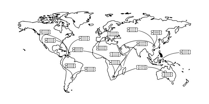 Continuous one line of a global map connected by ticket icons, representing worldwide ticket distribution, hand drawn vector illustration.