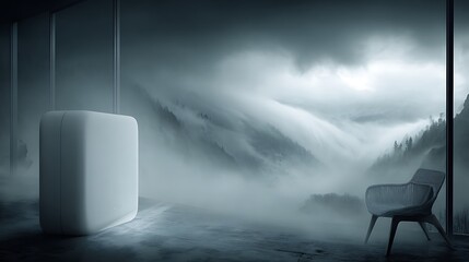 Interior view of minimalist modern space with a chair and view of mountains covered in fog