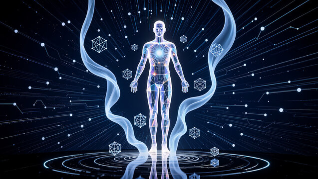 Human figure in glowing energy and geometric shapes