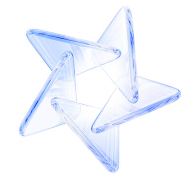 Crystal star 3d shape of glass transparent triangle plates on light blue background. Clear circle frame effect. Abstract glossy geometric figure render icon, isolated design element