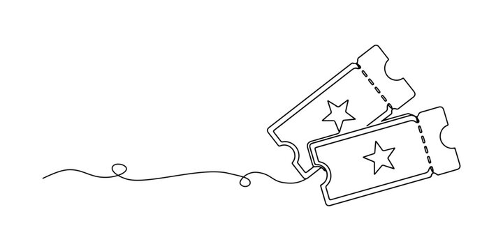 Continuous one line of a pair of tickets with star symbol, representing premium ticketing service, hand drawn vector illustration.