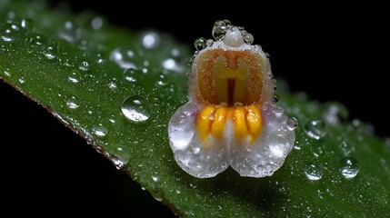 Intimate macro view of a tiny, delicate flower with water droplets on a dark, wet leaf