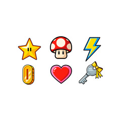 Collection of Game Icons Featuring a Star Mushroom Coin Lightning Bolt Heart and Key with Yellow Bow