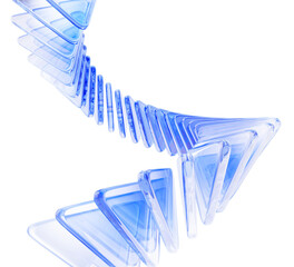 Abstract blue 3d background with spiral line of glass transparent triangle plates. Crystal glossy geometric triangular shapes with motion effect. Futuristic data array, digital tech