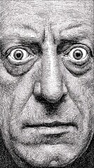 Intricate black and white engraving showcasing a close-up portrait with expressive features