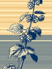 Intricate botanical illustration of hop plant with textured background, black ink